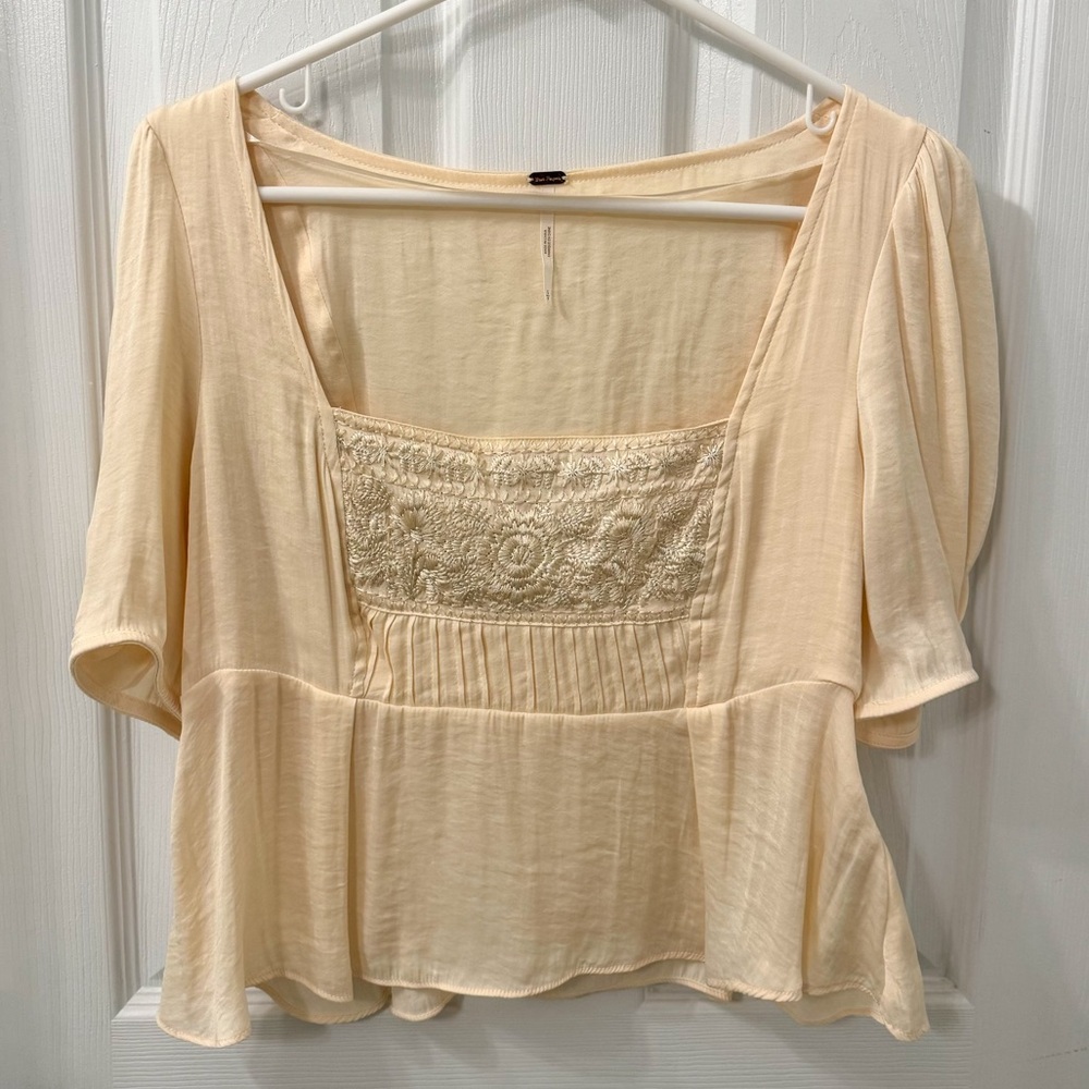 Free People Satin Floral Embroidered Puff Sleeve Top Women’s Size S Cottagecore